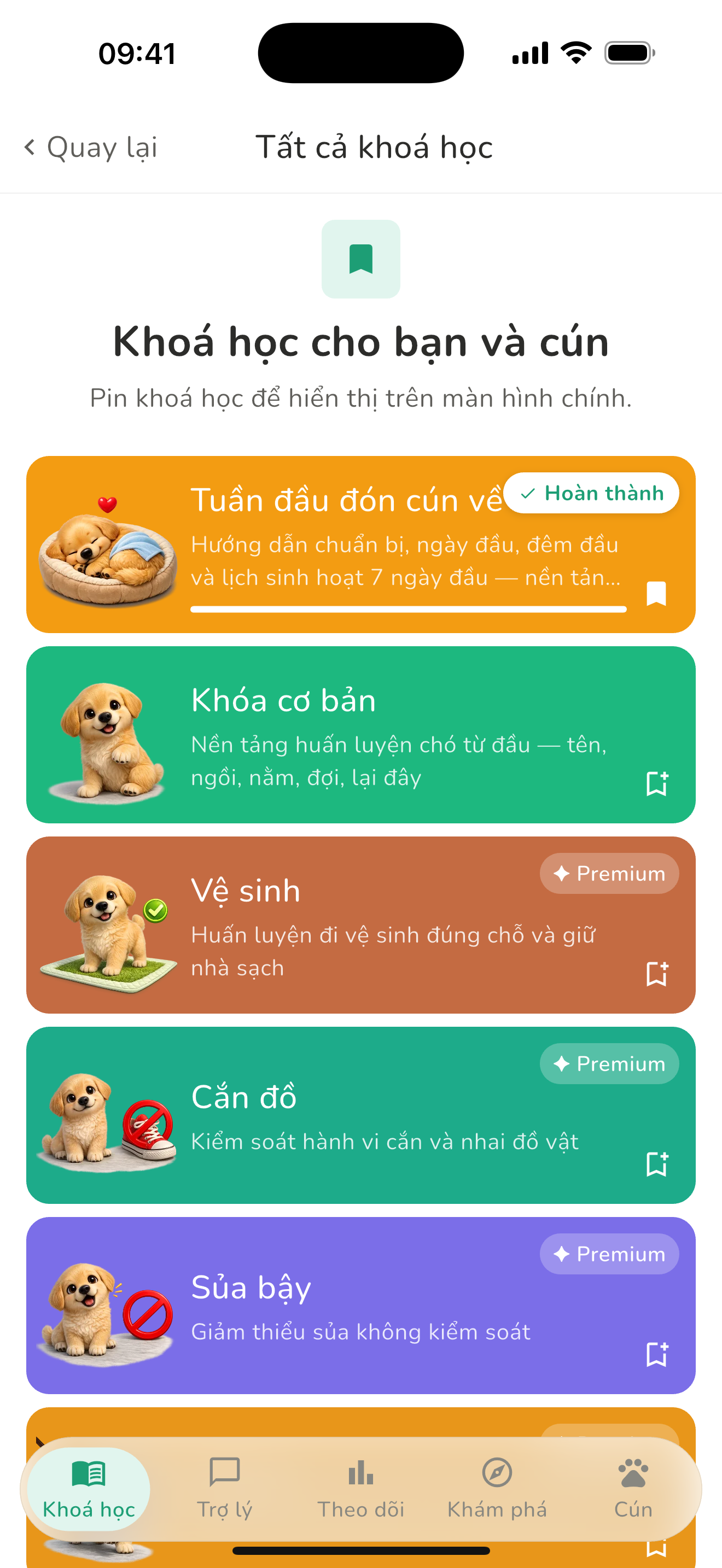 Màn hình kế hoạch huấn luyện trong Cún Cưng