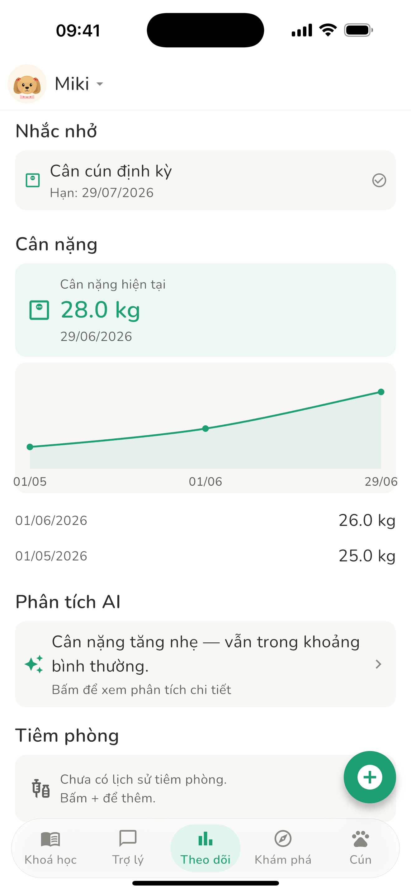 Màn hình Theo dõi sức khoẻ trong Cún Cưng