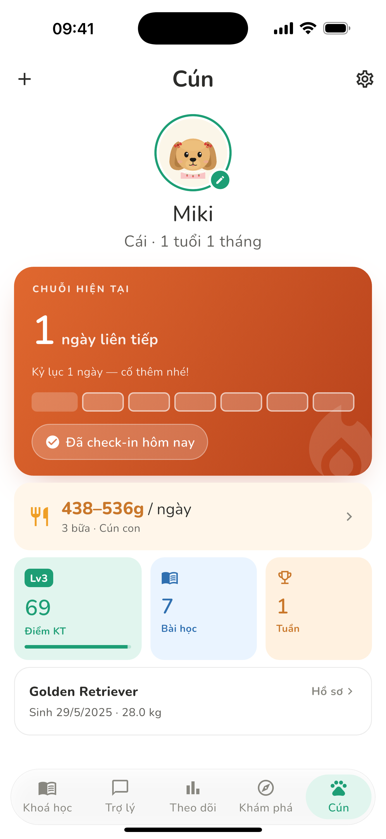 Màn hình hồ sơ Cún và tiến trình trong Cún Cưng