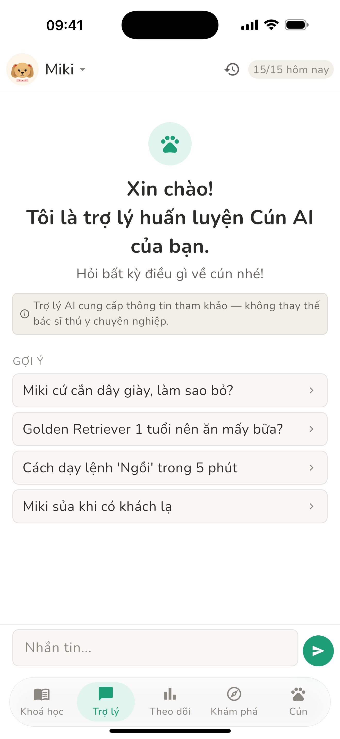 Màn hình Trợ lý AI trong Cún Cưng